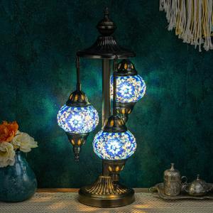 Marrakech Turkish Lamp 3 Globes Moroccan Table Lamp with Bronze Base, 23" Tall Handmade Blue Tiffany Mosaic Glass Night Light Fixture Including LED Bulb for Living Room Bedroom Decor