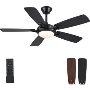 Kviflon Ceiling Fans with Lights and Remote, 46 Inch Modern Ceiling Fan with Light, Black Ceiling Fans for Bedroom Living Room Indoor/Outdoor, Reversible Quiet Motor, Dimmable LED Light, Black