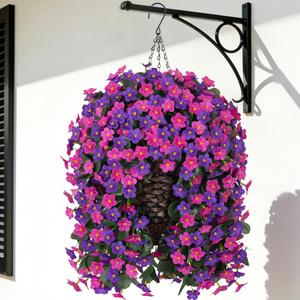 Artificial Flowers Baskets for Outdoor Decoration, Fake Hanging Plants Silk Dark Purple Fuchsia Daisy Mums Trailing Vines in Planter Realistic UV Resistant for Balcony Porch Decor