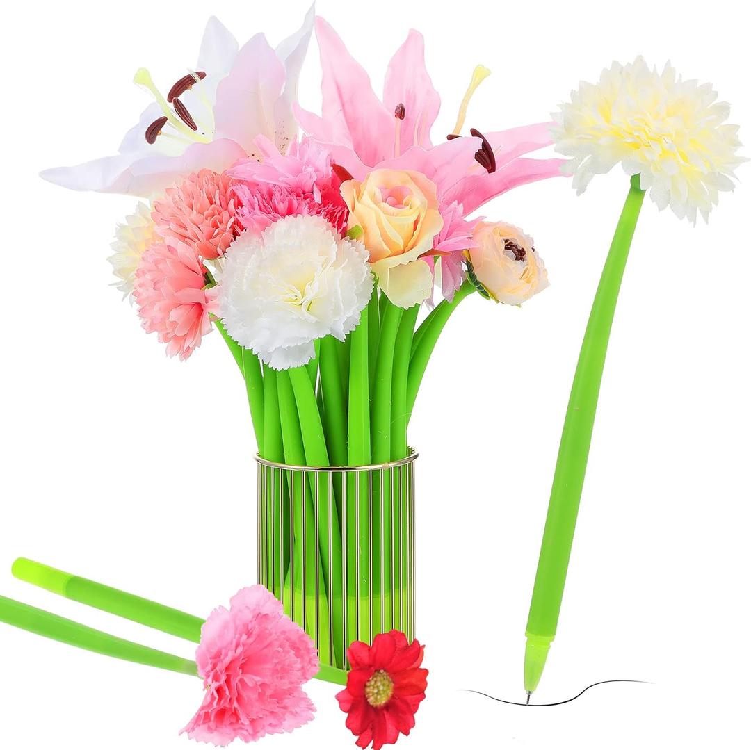 BBTO 24 Pcs Flower Pens for Women Daisy Rose Lily Carnation Ballpoint with Flower Top Black Gel Ink Pen Gift for Mother's Day Bridal Shower party Supplies,0.5 mm(Beautiful)