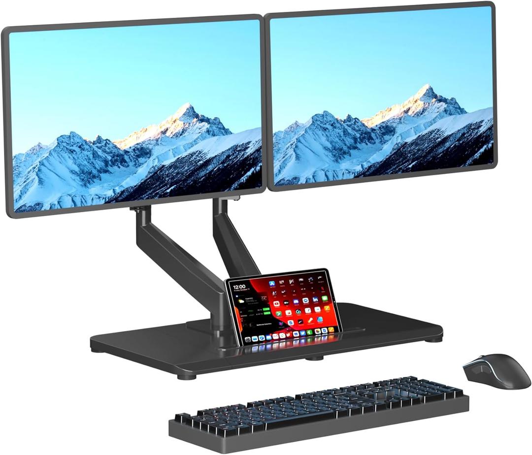 Pholiten Adjustable Dual Monitor Arms with Gas Spring for 17-32 inch Screens,Pneumatic Dual VESA Monitor Mount with Base,Freestanding Full Motion Dual Monitor Desk Stand Holds up to 22 lbs Each.