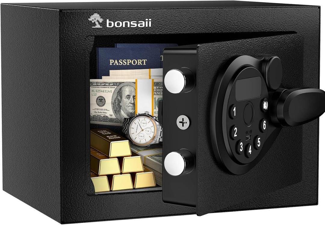 Bonsaii Safe Box with Electronic Keypad, Steel Security Lock Box with Key, 0.23 Cubic Feet, 9.06" W x 6.69" D x 6.69" H, Small Hidden Safe for Cash Jewelry