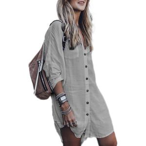 Bsubseach Womens Long Sleeve Linen Swimsuit Cover Up Button Down Beach Cover Ups Summer Swim Shirt Dresses (One Size, Grey)