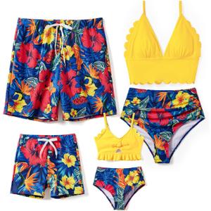 Family Matching Solid Scallop Trim Strappy Two-Piece Swimsuit and Allover Floral Print Swim Trunks Shorts (M)