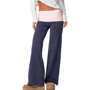 Wide Leg Sweatpants for Women Fold Over Low Rise Flare Yoga Lounge Pants Back to School Clothes for Teen Girls (Small, Pink Blue)