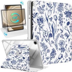 Kidcube for Samsung Galaxy Tab A9 Plus Case 11 Inch for Women Girls Cute Folio Cover with Pencil Holder Floral Flower Pretty Girly Design Rotating Stand for Tab A9+ Plus Tablet Case SM-X210/X216/X218