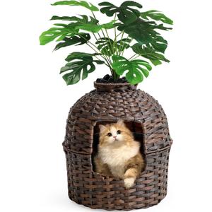 Cat Litter Box Plant Furniture Enclosure, Hidden Handwoven Rattan with Cat Litter Box and Artificial Plants, Odor Control Filter, Real Stones in Living Room, Bedroom, Corner (Brown)