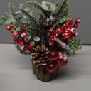 Small Christmas Tree Tabletop Artificial Mini Christmas Tree Decorations with Holiday Ornaments Red Berry Pine Cone Greenery for Home Indoor Fireplace Mantel Xmas Decor (Tree Stump-Red)