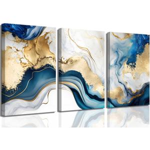 3Pcs Blue Gold Marble Canvas Wall Art Abstract Blue Gold White Wall Decor Pictures Modern Paintings Posters Prints for Living Room Bedroom Office Home Decoration, Ready to Hang (16x24in)