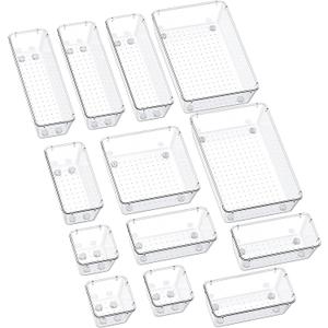 SMARTAKE 13-Piece Drawer Organizers with Non-Slip Silicone Pads, 5-Size Desk Bathroom Drawer Organizer Trays Storage Tray for Makeup, Jewelries, Utensils in Bedroom Dresser, Office and Kitchen, Clear