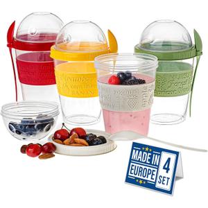 Crystalia Yogurt Parfait Cups with Lids, BPA FREE Reusable Yogurt Containers with Lids and Spoons, Take and Go Yogurt Cup with Topping Cereal or Oatmeal Container, Colorful Set of 4 (Large 20 oz)