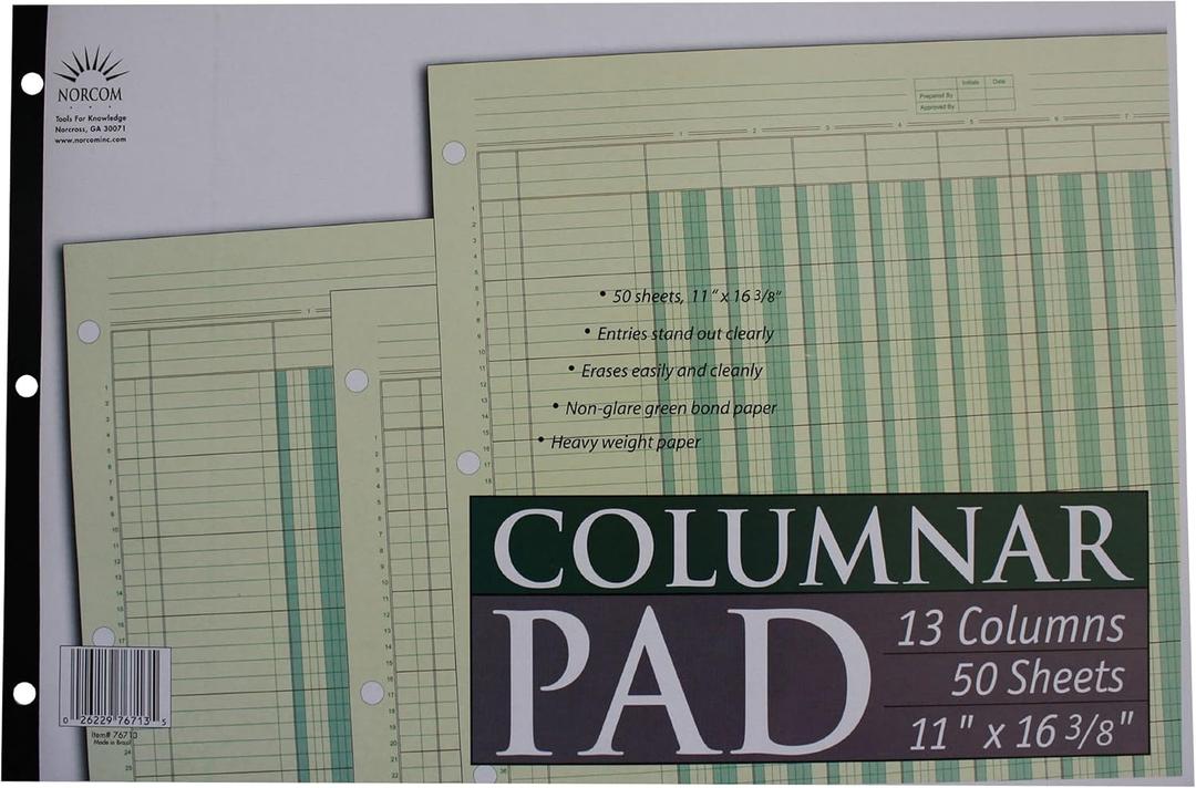 Norcom Columnar Pad 13 Columns, 11 x 16.375 Inches, 50-Sheets, Green (76713-10)
