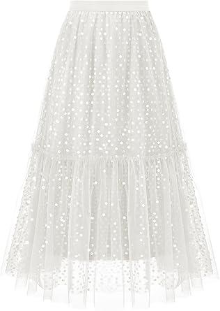 Timormode Sequin Tulle Skirts for Women Sparkly Midi Flowy A-Line Party Skirt Layered Christmas Skirts TMS8010 White M