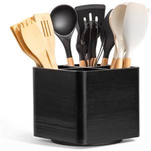 Extra Large Rotating Utensil Holder for Kitchen Counter, Large Wooden Utensil Holder with 4 Compartments, Black