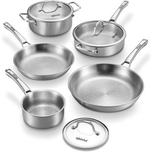 Titanium Pans for Cooking | 8 Pcs Titanium Hammered Pro frying Pans with Lid | Non-Toxic Tagine | PFAS/PFOA/PTFE Free Cookware | Dishwasher&Oven Safe | Kitchen Induction Compatible