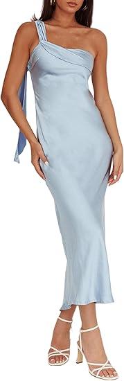 Satin One Shoulder Maxi Dress for Women Summer Silk Formal Elegant Backless Ruffle Sleeveless Wedding Guest Dresses XS