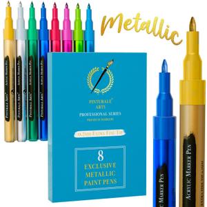 Set 8 Metallic Paint Pens For Scrapbook, Crafts, Coloring, Black Paper, Rock Painting, Wood, Glass, Fabric | Metallic Paint Markers 0.7mm Extra Fine Tip