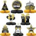 Happy Birthday Table Decoration Centerpieces - 8 Pieces, Black & Gold - Double-Sided Happy Birthday Centerpieces for Tables - Party Supplies for Elegant Birthday Decorations - by PixiPy