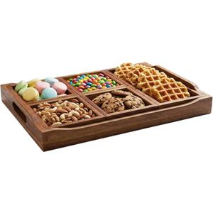 Serving Tray with 5 Removable Snack Boxes,Acacia Wood Snack Tray for Parties and Entertaining, Movie Night, Coffee Table and Charcuterie Serving