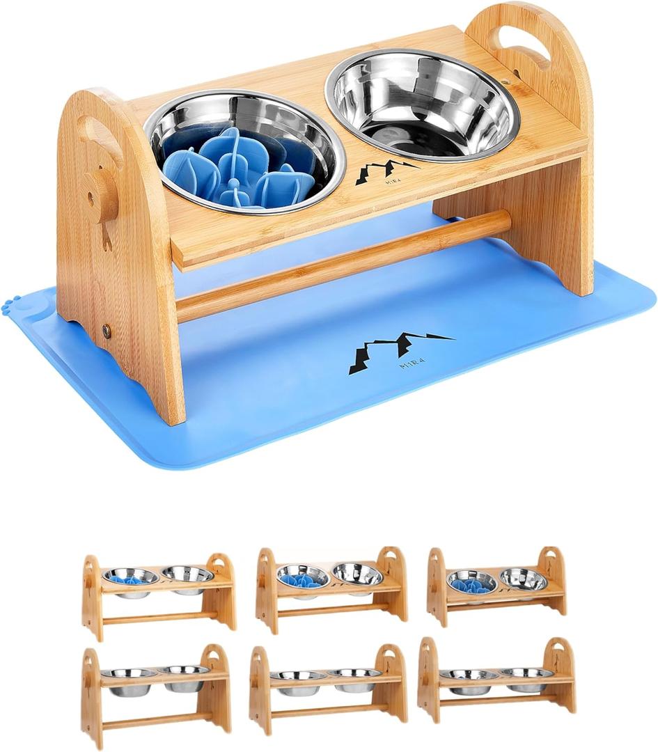 M1R4 Blue Elevated Dog Bowls Set, Adjustable Raised Dog Food Bowl Stand, 2 Stainless Steel Bowls, Silicone Waterproof Mat, Suction Slow Feeder, Durable Bamboo Stand, for Small/Medium Dogs and Cats