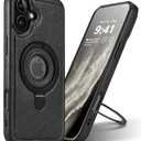 Magnetic for iPhone 16 Plus Leather Case,Invisible Stand [Compatible with Magsafe] Slim Kickstand Phone Cove (Black, iPhone 16 Plus-6.7")