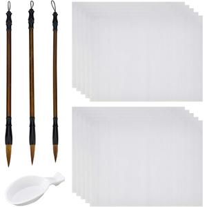 PH PandaHall 14pcs No Ink Chinese Calligraphy Set, Reusable Water Writing Cloth Paper, Chinese Traditional Calligraphy Brushes and Water Dish for Beginners Practice Chinese New Year, 17x13 Inch (White)