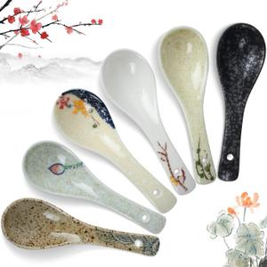 6 Pieces Japanese Retro Ceramics Soup Spoons Asian Soup Spoons Japanese Style Rice Spoon Flatware Chinese Serving Spoons Appetizers Tableware Meal Partner for Salad Ramen Noodles Wonton