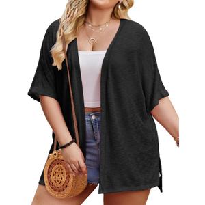 IN'VOLAND Womens Plus Size Lightweight Cardigan Open Front Short Sleeve Casual Loose Fit Beach Cover Up (Black) 1