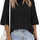 Saodimallsu Womens Short Sleeve Sweaters Crochet Knit Casual Crew Neck Lightweight Summer Trendy Sweater Tops (Black, S)