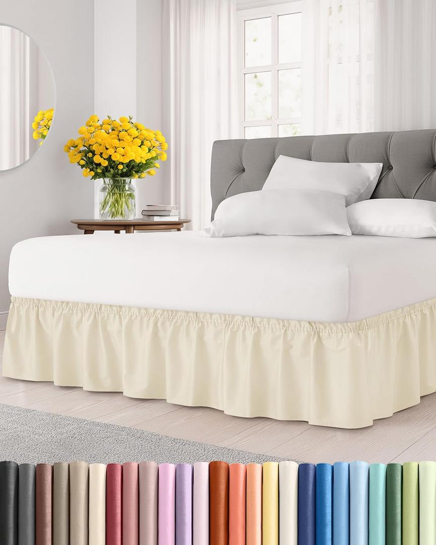 Wrap Around Dust Ruffle Bed Skirt - Off White - for Queen Size Beds w/ 15 Inch Drop - Easy Fit Elastic Strap - Adjustable Pleated Bedskirt w/Brushed Fabric - Wrinkle Free - Women, Men, Kids & Teens