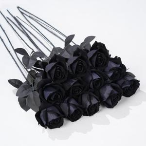 12 Pcs Black Roses Artificial Flowers with Long Stem, Faux Silk Rose Bouquet Realistic Lifelike Fake Floral Bundles for Halloween Valentine's Day Wedding Party Table Centerpiece Decor, Small