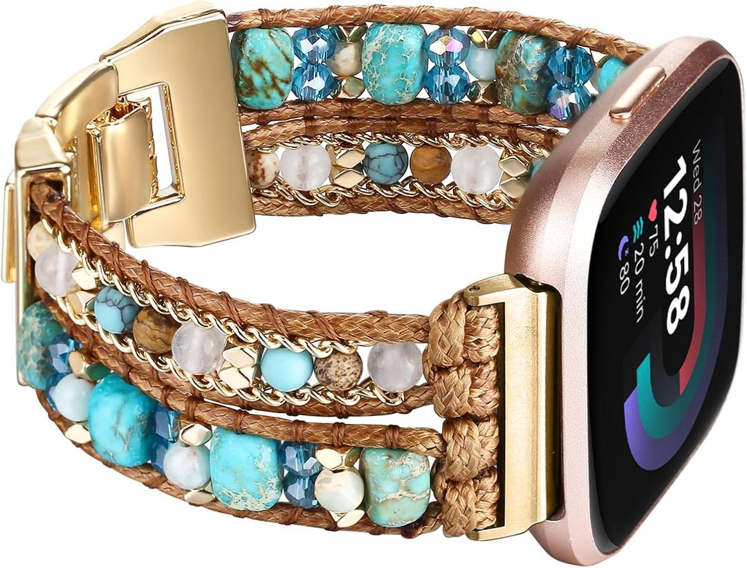Bracelet Bands Compatible with Fitbit Versa 4/3/Sense 2/Sense Band for Women, Leather Beaded Watch Strap Natural Stone Wrap Boho Watch Band for Fitbit Versa 4 Band Replacement (Blue Beads)