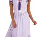 Dokotoo Spring Summer Dresses for Women 2026 Casual V-Neck Ruffle Cap Sleeve Empire Waist Dress Striped Flowy Midi Dresses with Pockets Purple X-Large