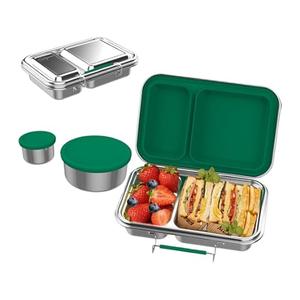 Stainless Steel Bento Box for Adults, 31.6 oz Leakproof 5-Compartments Stainless Steel Lunch Bento Containers, Metal Lunchbox with 2 Container, Dishwasher Safe for Office, Outdoor, BPA-Free Green