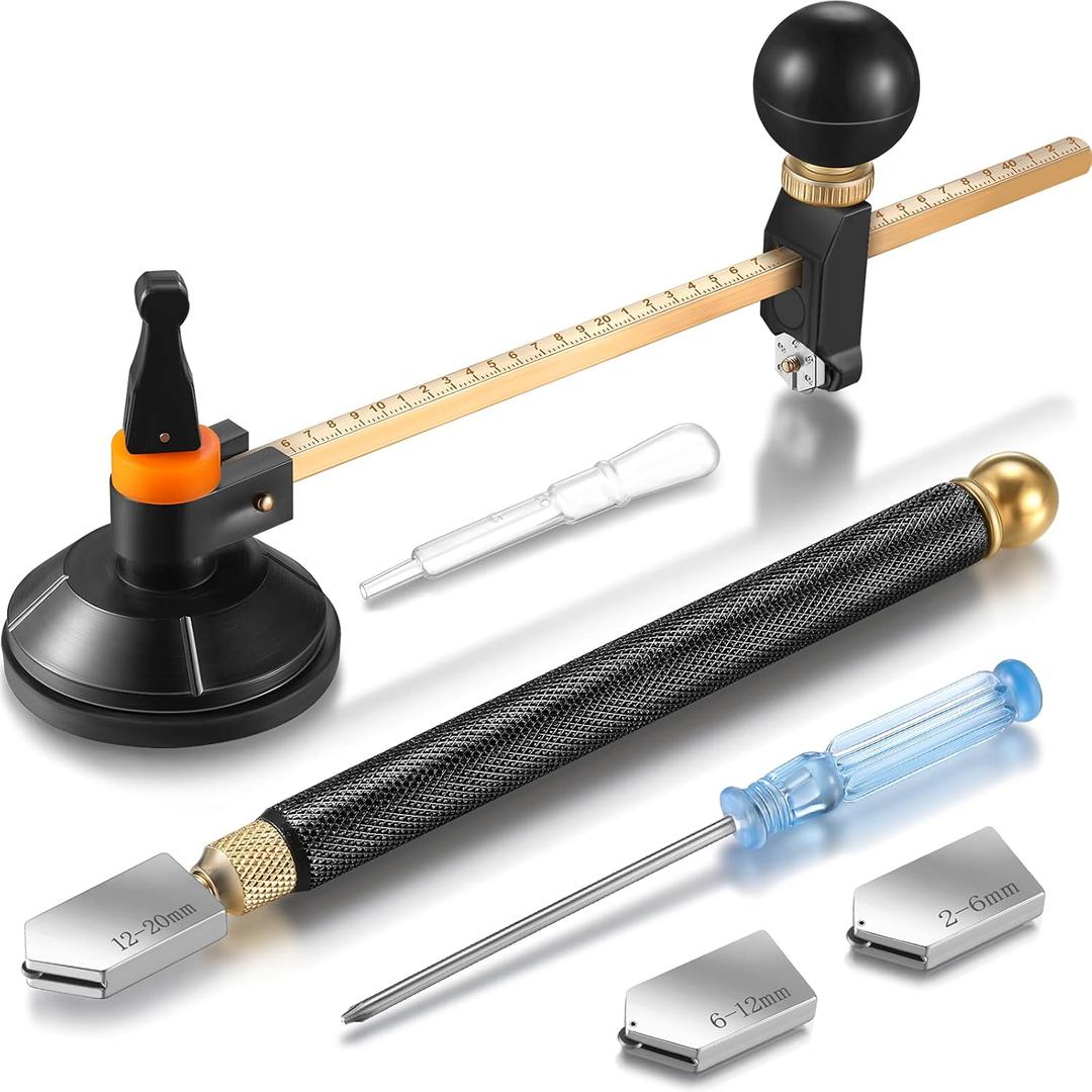 Mudder 6 Pieces Glass Cutter Tool Set Includes Pencil Style Cutting Tool 11.8 Inch/ 30 cm Adjustable Circular Cutter 2-20 mm Carbide Cutter Screwdriver Oil Dropper for Glass Tiles Mirror