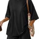 Trendy Queen 2 Piece Summer Set Oversized Top & Loose Fit Shorts with Pockets (Black, S)