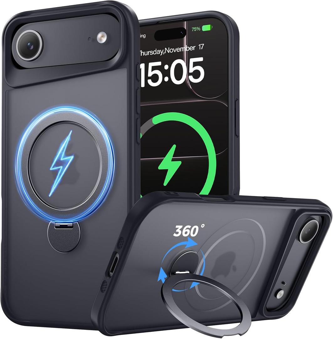 Compatible with iPhone Air Case, with 360 Magnetic Stand [Compatible with MagSafe] [Military Drop Protection] Shockproof Translucent Matte Case for iPhone Air 6.5 Inch, Black