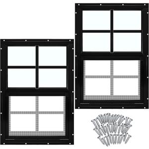 Tandefio Shed Windows 2 Pack 12" W x 18" H Black Flush Mount with Tempered Glass and Screen Sliding Household Windows with Vertical Slider and Screws for Chicken Coop Sheds Barns