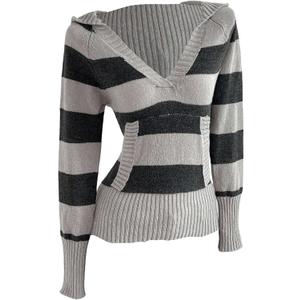 RoseSeek Women's Striped Sweaters Hooded V Neck Fitted Jumper Long Sleeve Pullover Tops 2000s Fall Outfits (Gray, S)