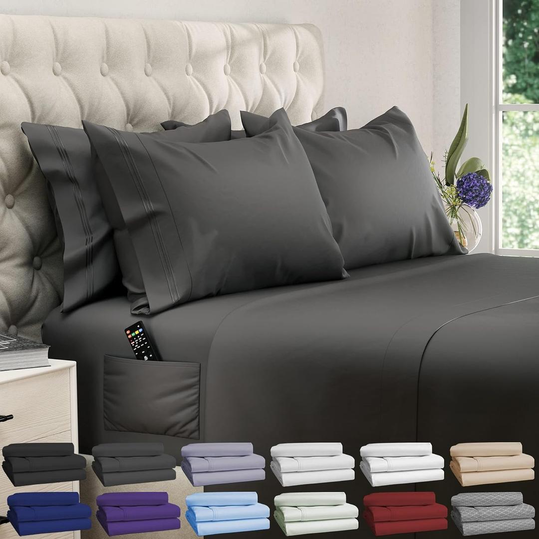 DREAMCARE King Size Sheets Set - 6 pcs Breathable Cooling Bed Sheets - up to 21" Extra Deep Pocket King Sheet Set with Side Pockets - Extra Soft 100% Brushed Hypoallergenic Hotel Luxury Bedding - Gray