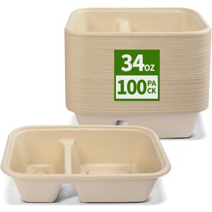 100 Pack 2 Compartment Paper Bowls for Chip Dip, Nacho Cheese, Main Dish and Sides, Microwavable Two Compartment Deep Disposable Bowls for Snacks, Party Catering