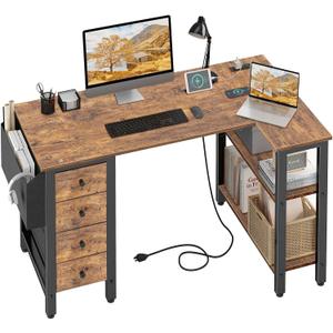 Lufeiya L Shaped Desk with Drawers & Storage Shelves, 47 Inch Small Reversible Corner Desk with Power Outlet for Home Office Bedroom, L-Shaped Gaming PC Computer Desks with Fabric Drawer, Rustic Brown, 47.2"