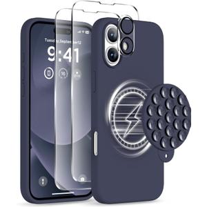 Magnetic for iPhone 16 Plus Case, Compatible with Magsafe, Suction Cup Phone Mount - 2 Screen Protectors - Camera Lens Protector, Silicone Shockproof Protective Phone Cover 6.7", Midnight Blue