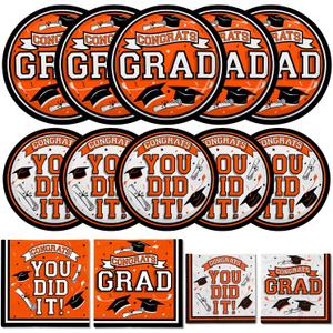 Graduation Party Supplies Dinnerware Set orange Disposable dinner paper plates dessert paper plates and Napkins for Congrats Grad Party Decorations, Serve 50