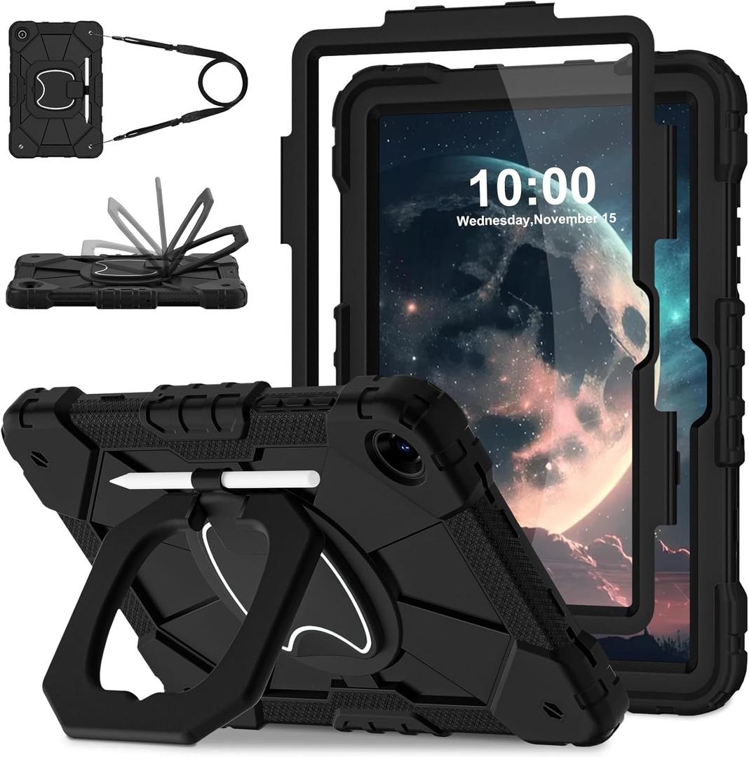 WESOROL Case for Galaxy Tab A11 Plus/A9 Plus 11 Inch,Shockproof Cover for Samsung Tablet A11+/A9+ Case with Screen Protector 360 Rotating Stand Pencil Holder Shoulder Strap,Black