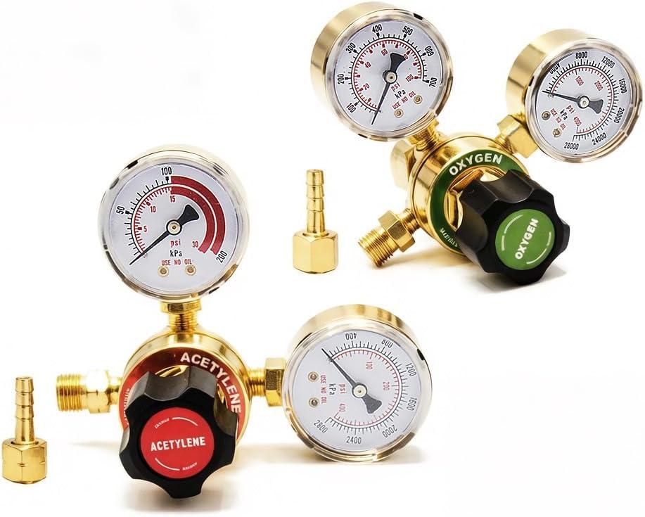 Oxygen And Acetylene Regulator Set, CGA540 and CGA200 Acetylene Inlet Connection Compatible with V-Style Welding Cutting Gas Torch, CGA200 Acetylene Regulator For Small Cylinder