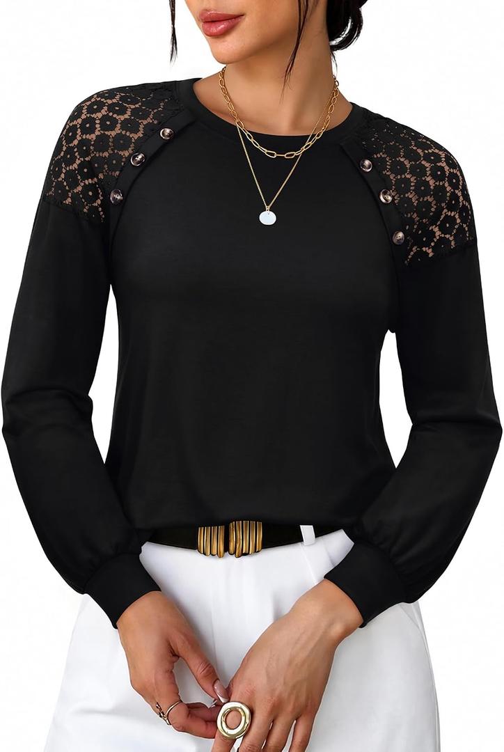 siliteelon Lace Long Sleeve Tops Dress Shirt Womens Crew Neck Loose Dressy Blouse Business Casual Work Summer 2026 Black (Black, M)