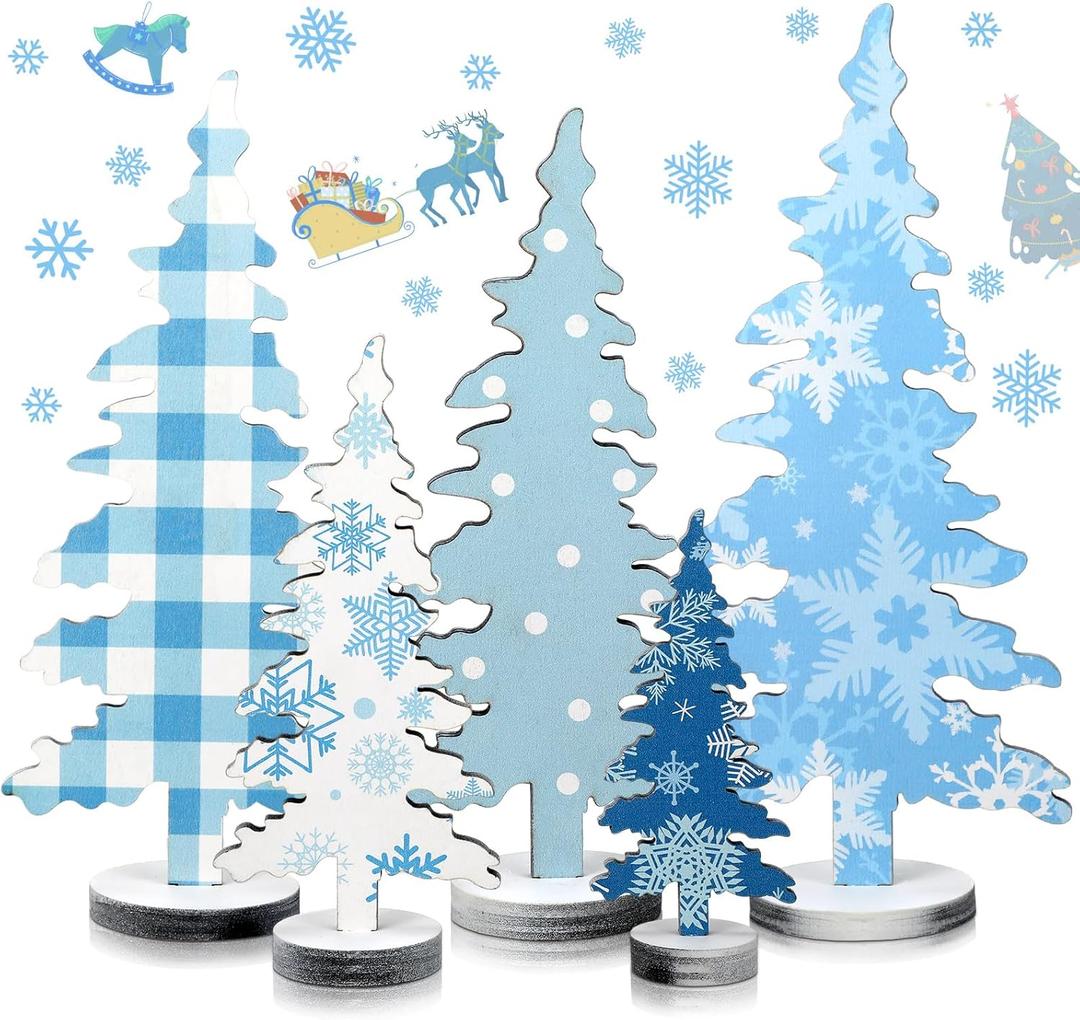BBTO 5 Pcs Winter Tabletop Decorations Blue Tree Table Sign Christmas Tree Wooden Tiered Tray Snowflakes Centerpiece for Home Indoor Winter Xmas Holiday Party Supplies