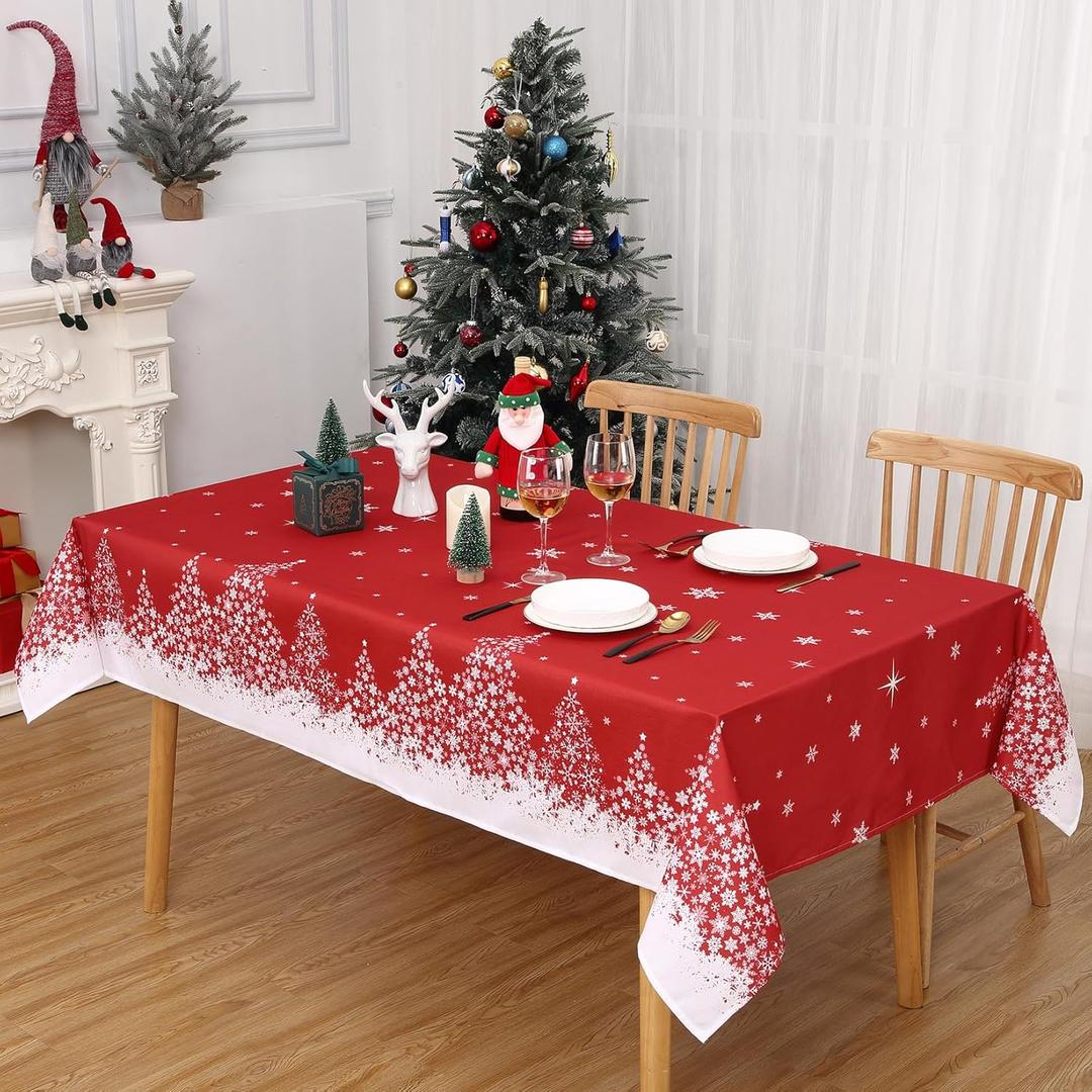 ROYGROW Christmas Tablecloth Rectangle 60x84 Inch with Xmas Tree Decorations, Red Xmas Snowflake Table Cloth, Washable Indoor Decorative Table Cover for Festive Party Picnic Dinner