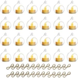 NUPTIO Hanging TeaLight Candle Holder: 24Pcs 2.36in Tree Tea Light Holders with LED Candles Small Glass Globes Ornament Clear Round Mini Terrarium Containers for Wedding Party Tree Decoration